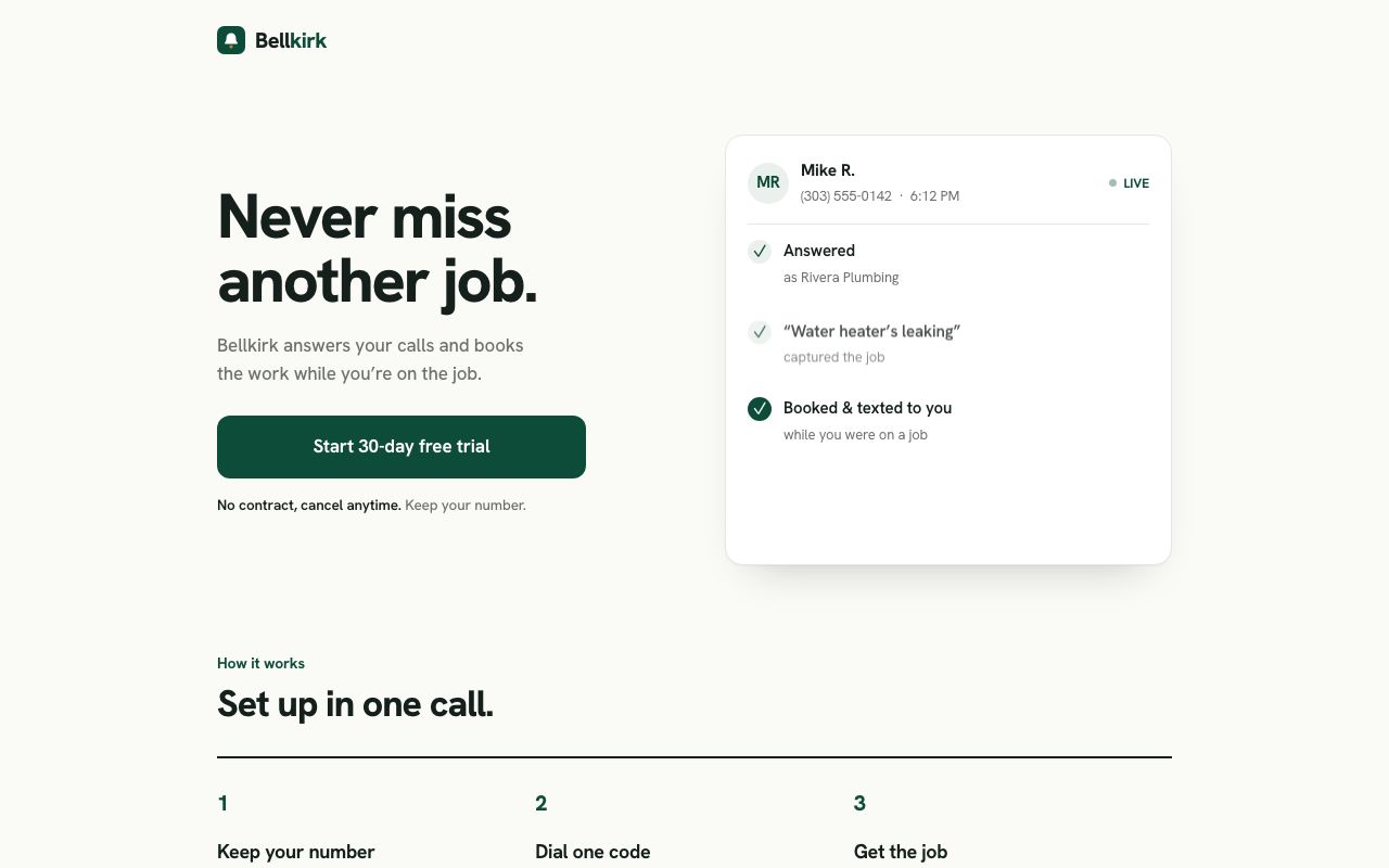 Bellkirk — AI phone receptionist that answers missed calls and books the job