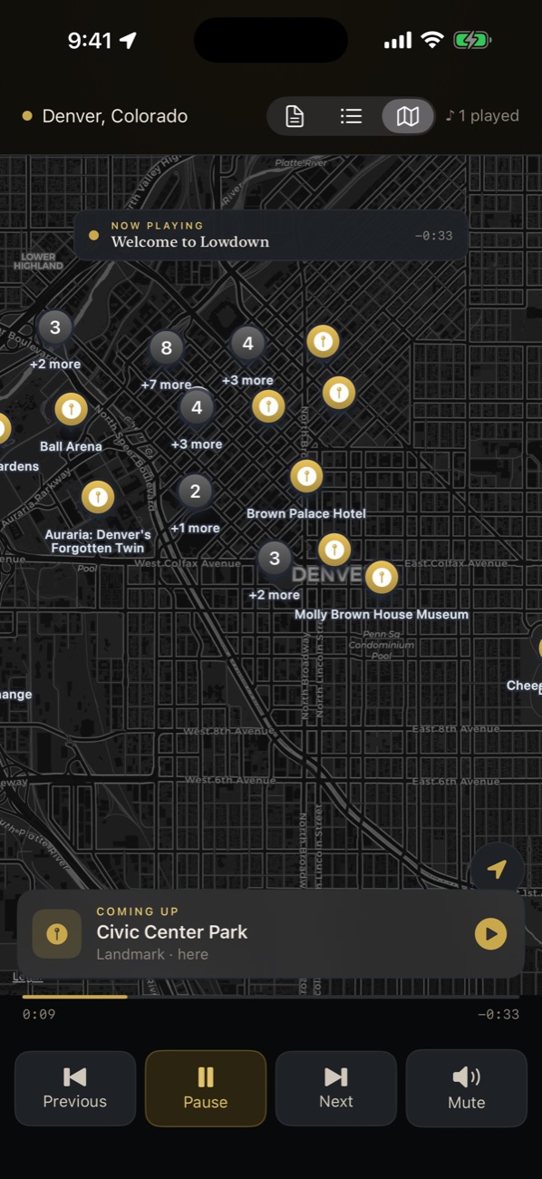Lowdown — ambient GPS ride-along audio for Denver drives